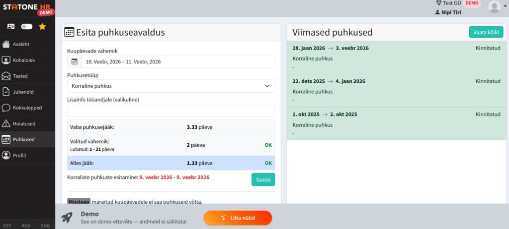 Puhkuseavalduse esitamine